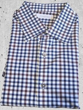 Ermenegildo Zegna Men's XXL Dress Shirt Gingham Plaid Blue White Long Sleeve EUC